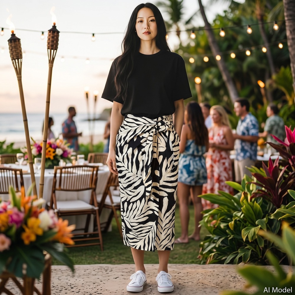 H&M Faux Wrap Midi Skirt Women Size 4 Black Cream Tropical Leaf Linen Blend Tie